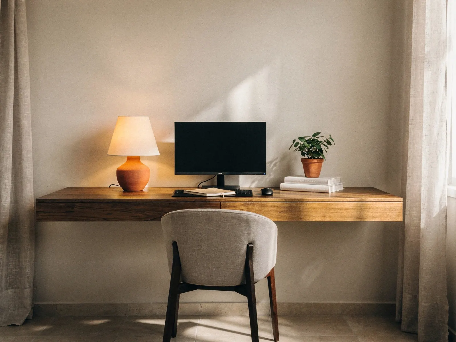 Bancada de home office suspensa instalado no ambiente.
